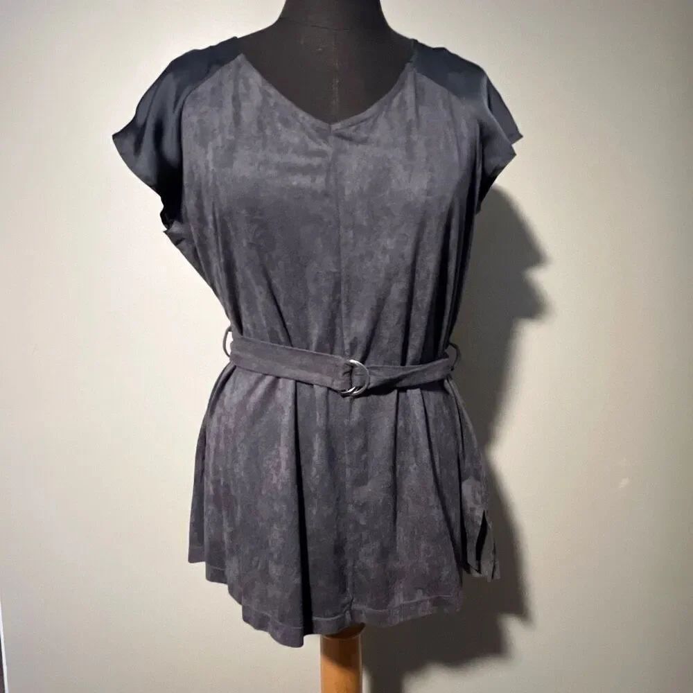 NY Collection Women's Black Gray V-Neck Faux Suede Belted Shirt Top Medium